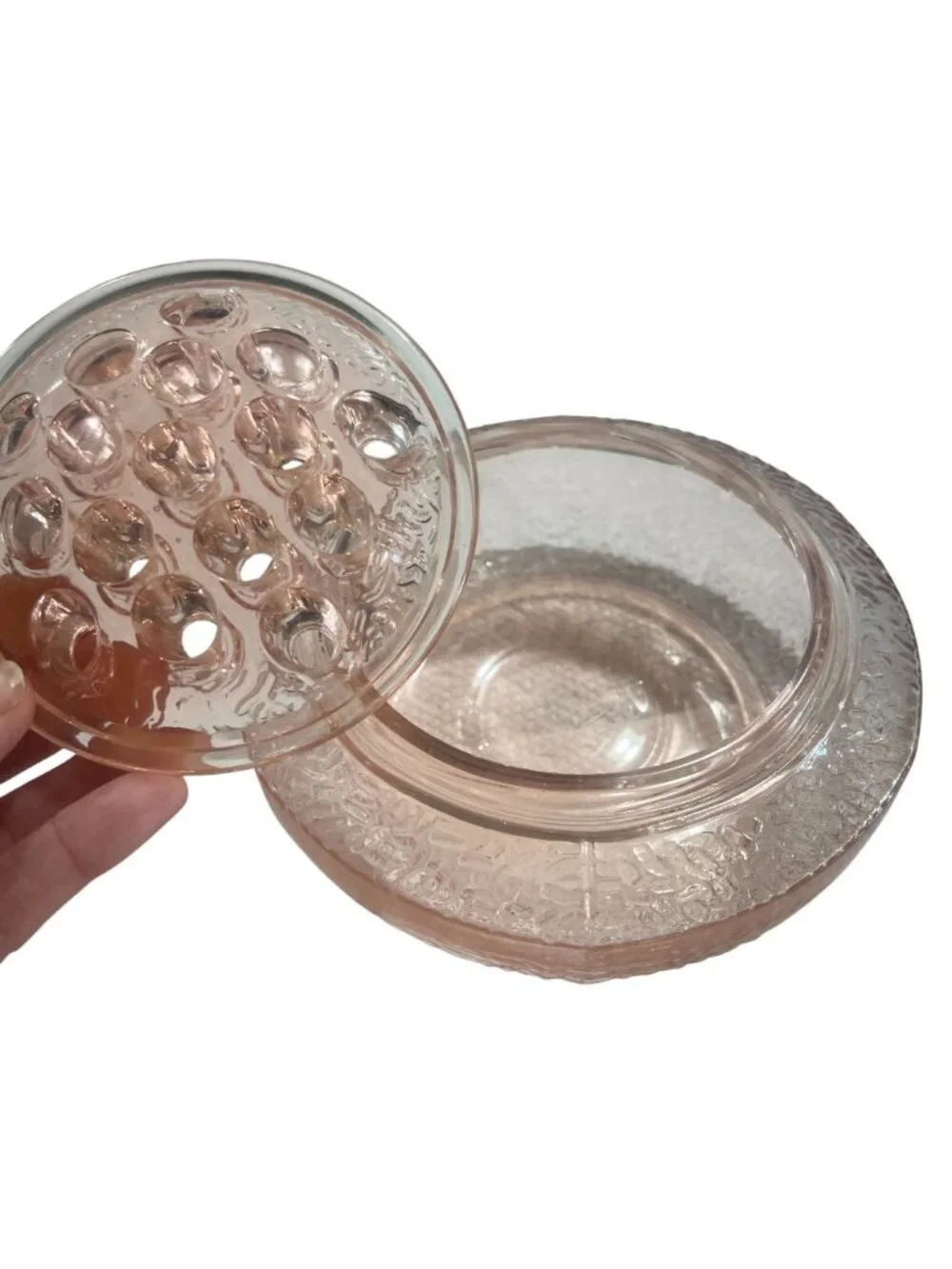 Vintage Pink Depression Glass Flower Frog Round Textured Design Superb